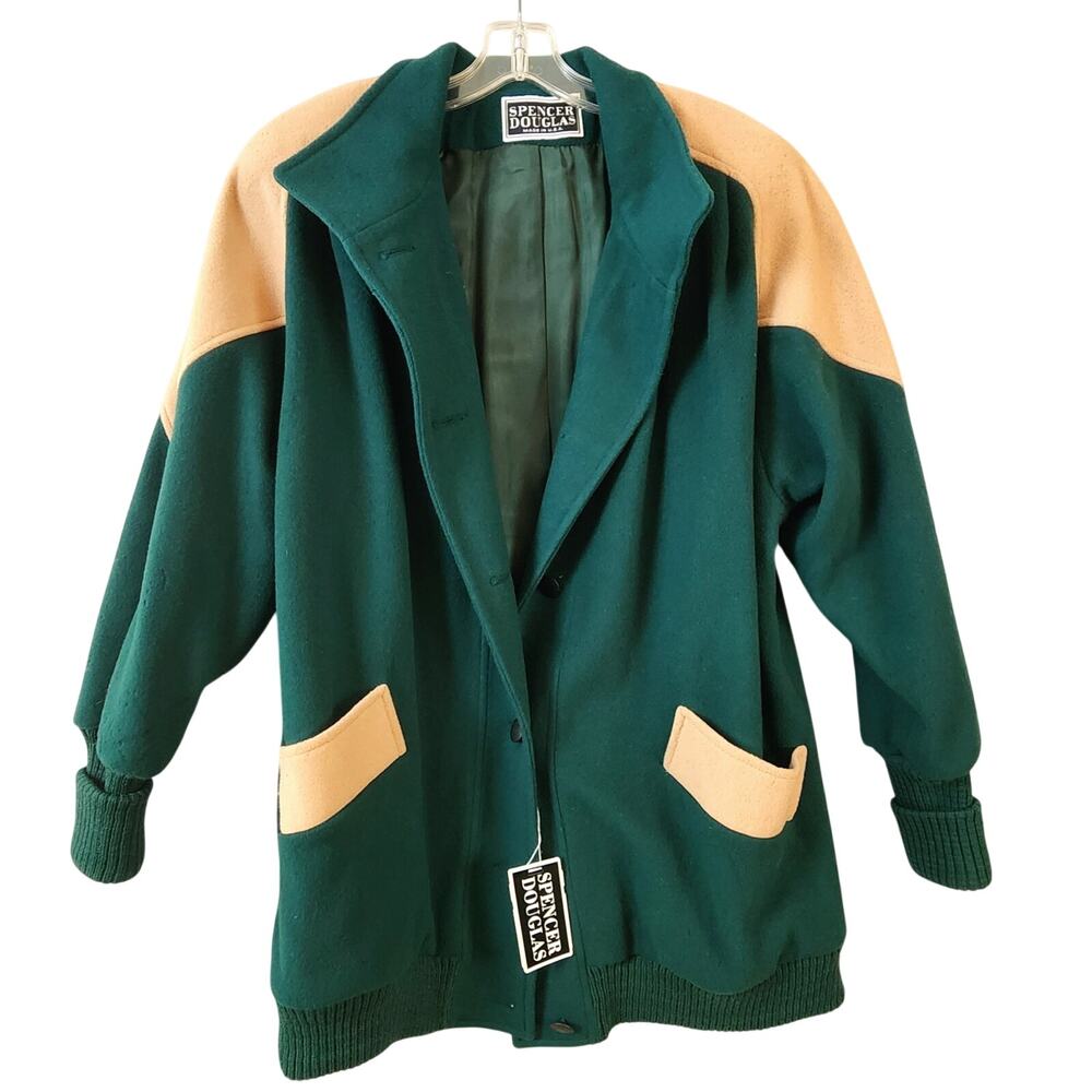 Spencer Douglas Wool Coat Women XL Green Tan Buttoned Pockets USA New